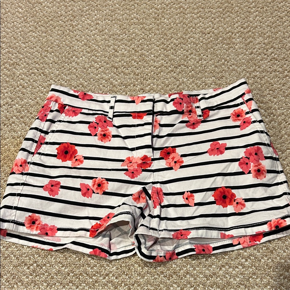 Elle Black and White Striped Floral High Waist Shorts